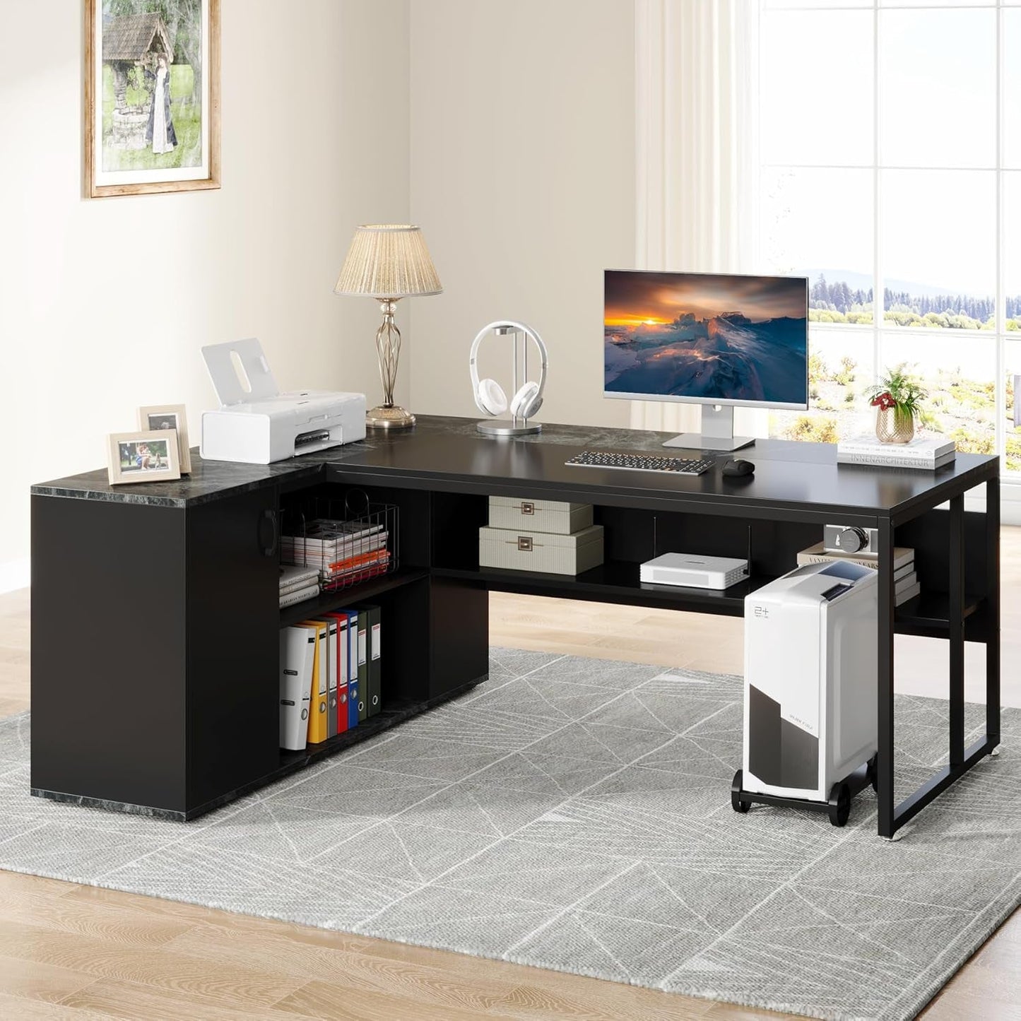71 Inch Black L Shaped Executive Desk With Storage