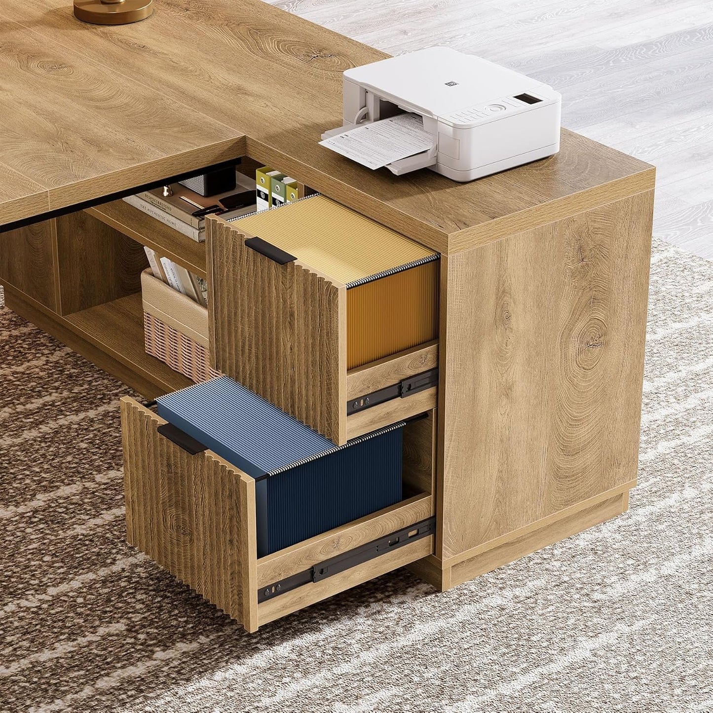 Executive Corner Desk 78 Inch Drawers Brown Shelves