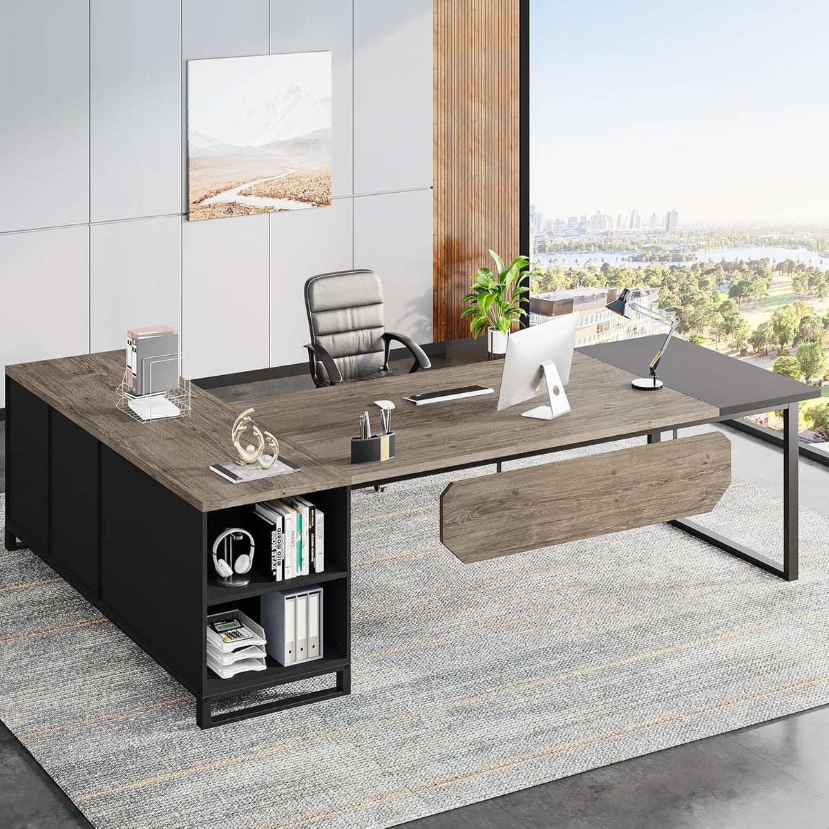70.8" L-Shaped Executive Desk with 55" File Cabinet