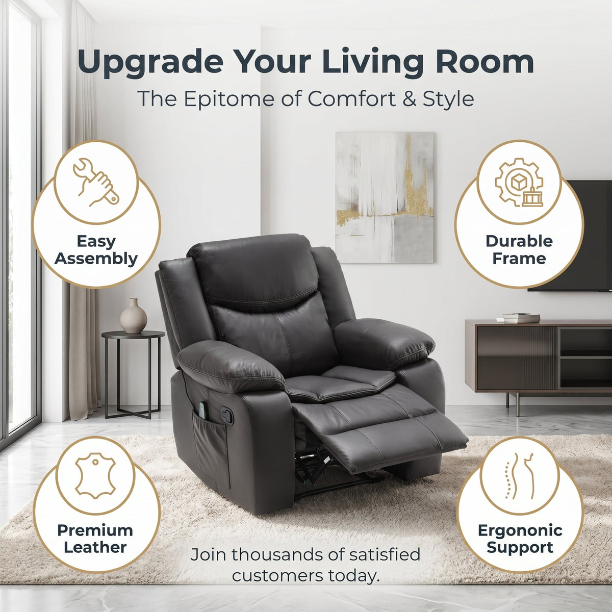 Grey Air Leather Recliner Chair With Vibration And Heating