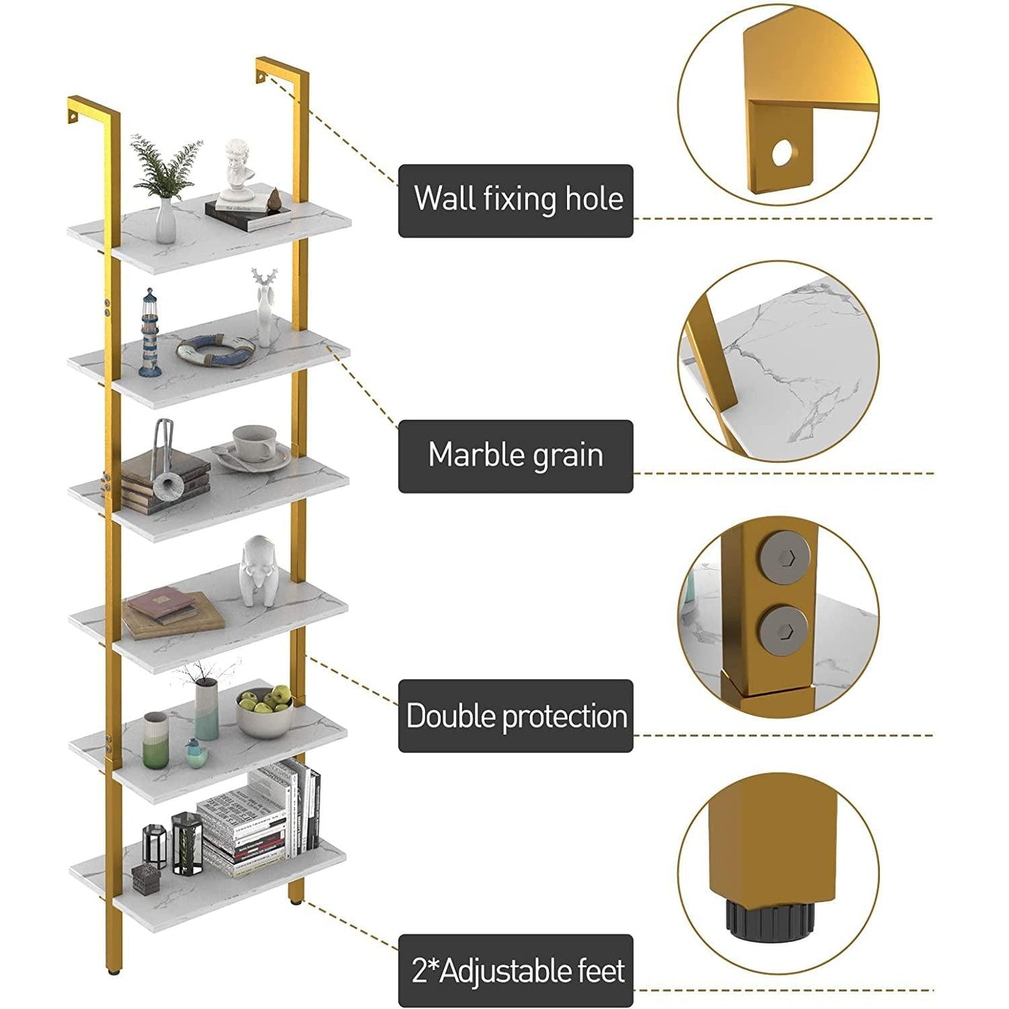 Marble White 6 Tier Ladder Shelf Bookcase Wall Mounted