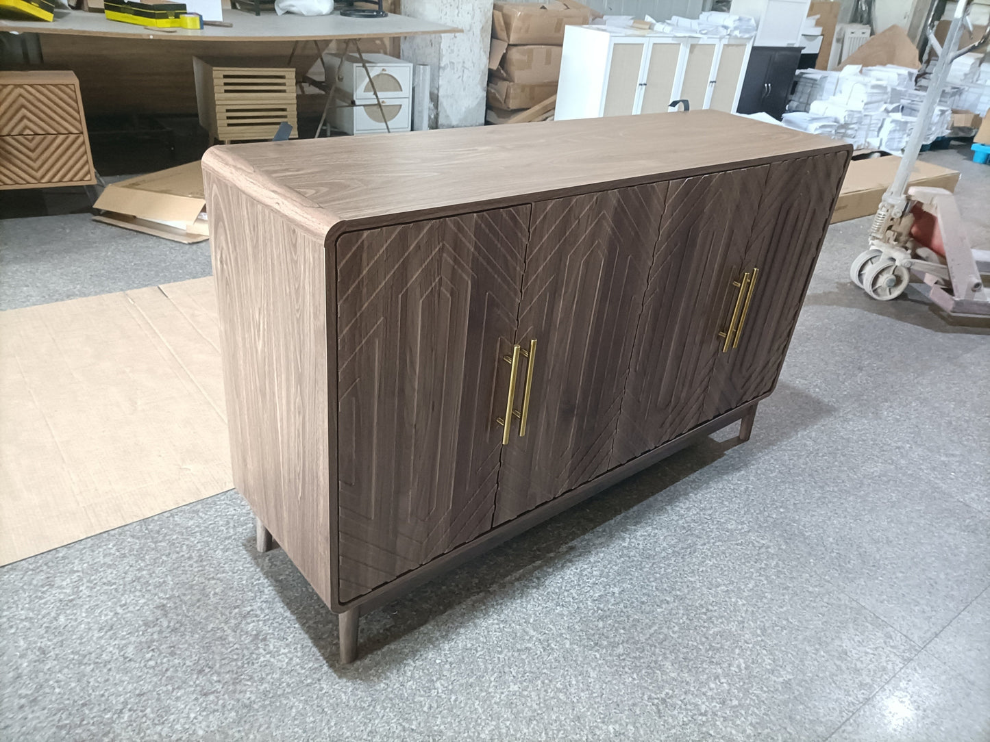 Modern Carved 4-Door Sideboard Buffet Cabinet with Storage, Adjustable Layer Board, Walnut Finish