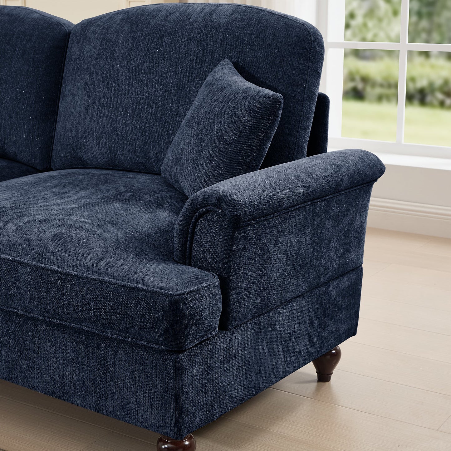 Classic Comfy Modular U Shape Sectional Sofa Couch with Flared Arms and Removable Ruffles Pleats Skirts and Spindle Legs, Upholstered Chenille Deep Seat Cloud Sofa with Movable Ottomans, Blue