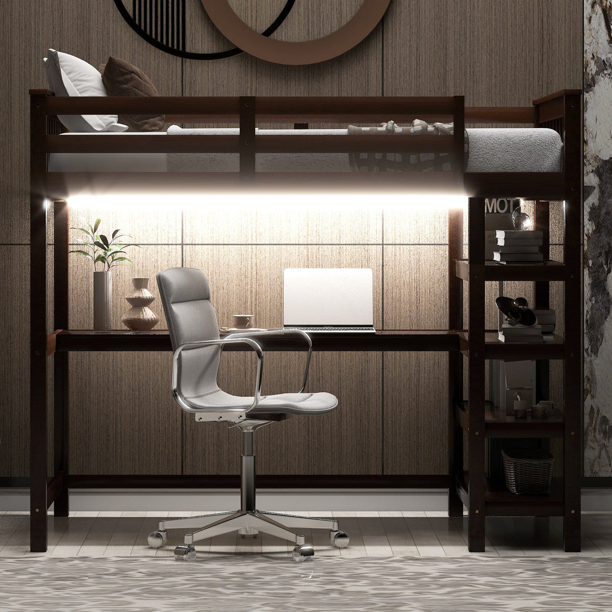 Twin Size Loft Bed with Storage Shelves and LED