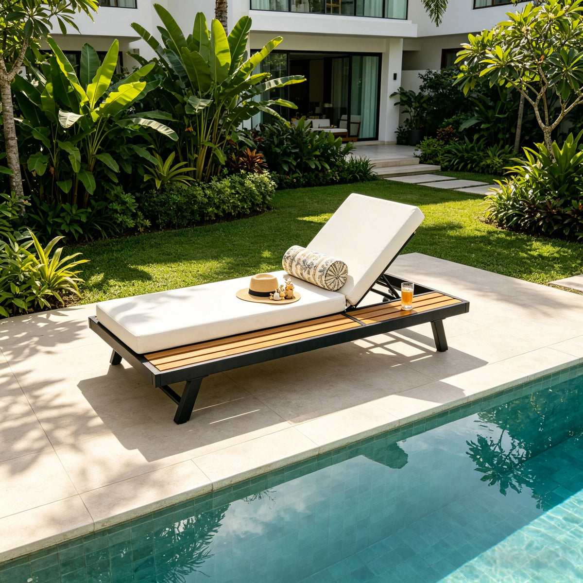 Black Iron + Teak Finish Chaise Lounge Set