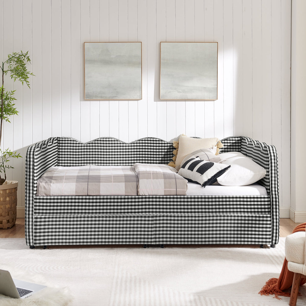 Full Size Cozy Gingham Daybed with Two Storage Drawers