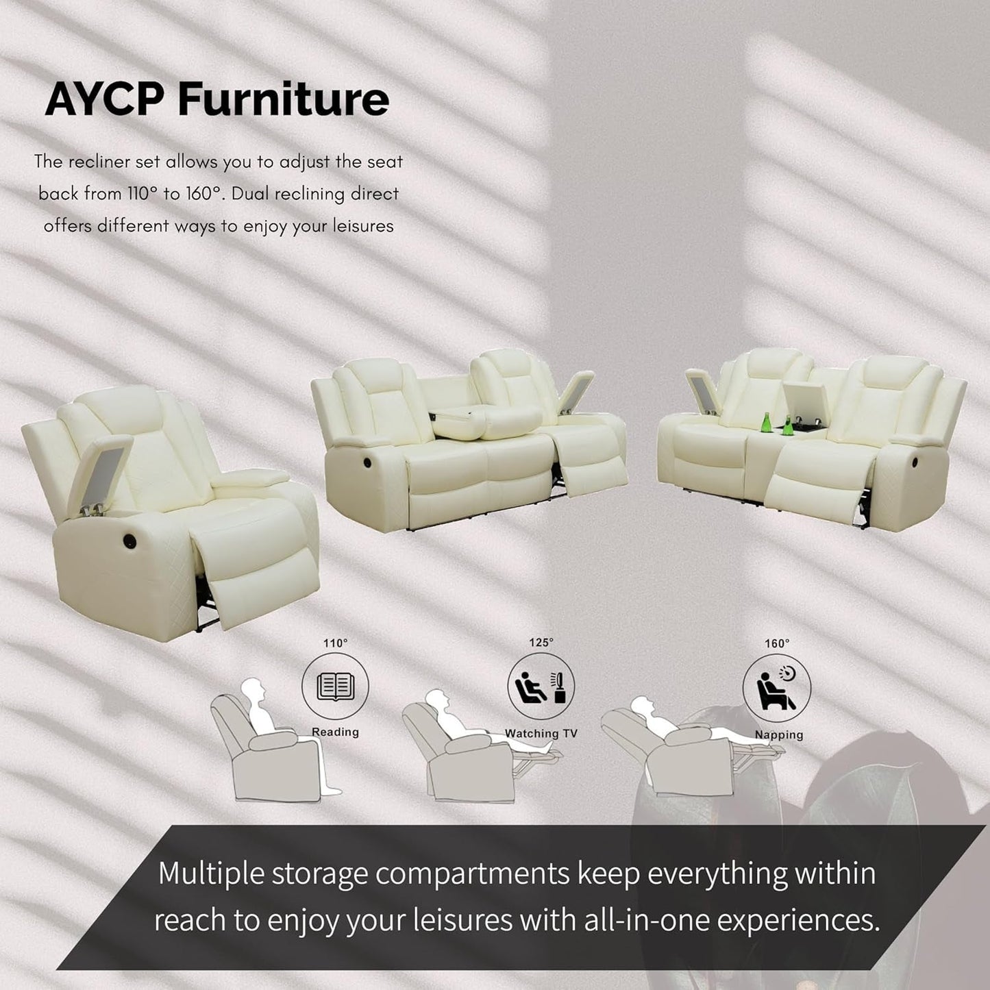 Power Recliner Set With LED Lights And USB Charging Ivory White