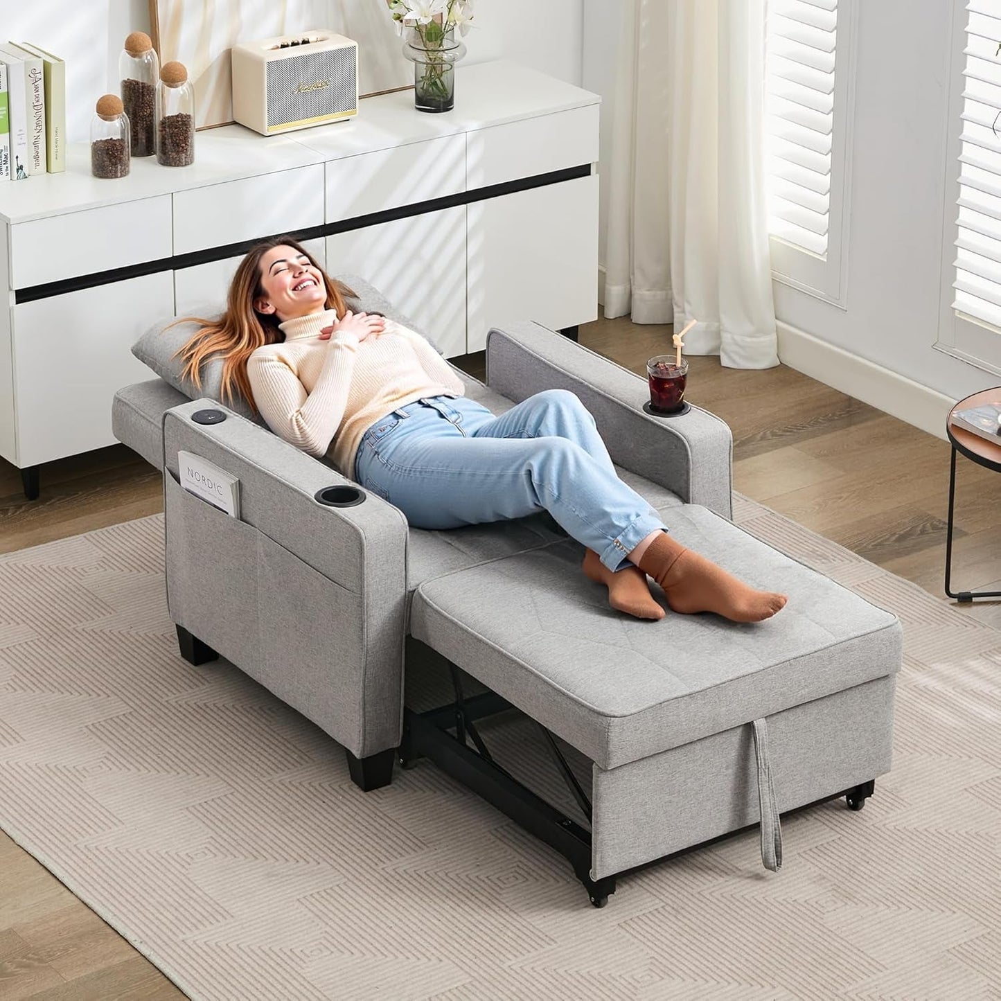 Charcoal Grey Convertible Sleeper Chair With USB Ports