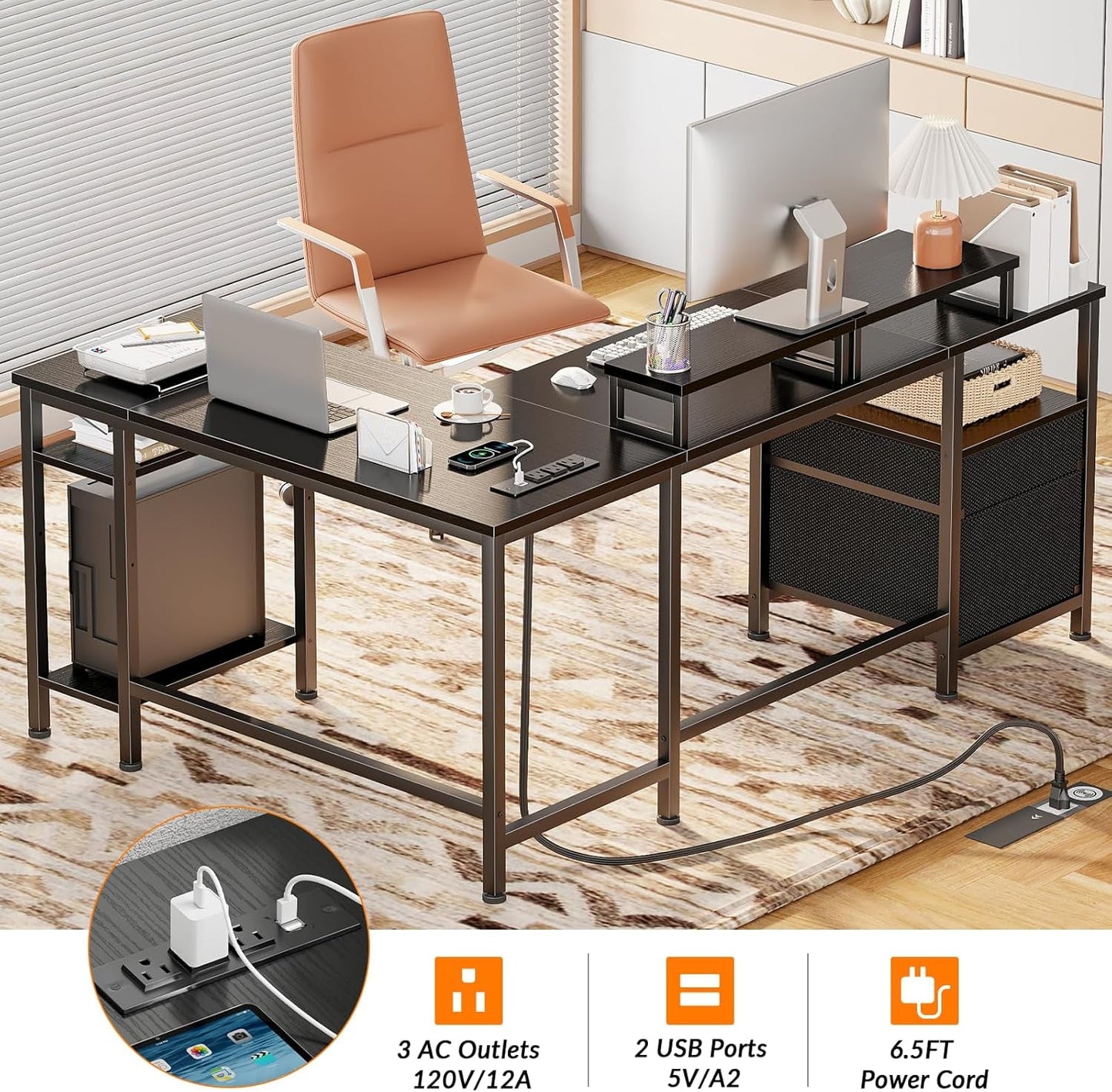 Fifty Nine Inch L Shaped Desk With Black Storage Drawers Unit