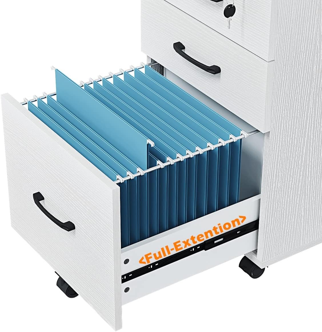 Three Drawer White Wood Mobile File Cabinet Under Desk Storage For Home Office Organization