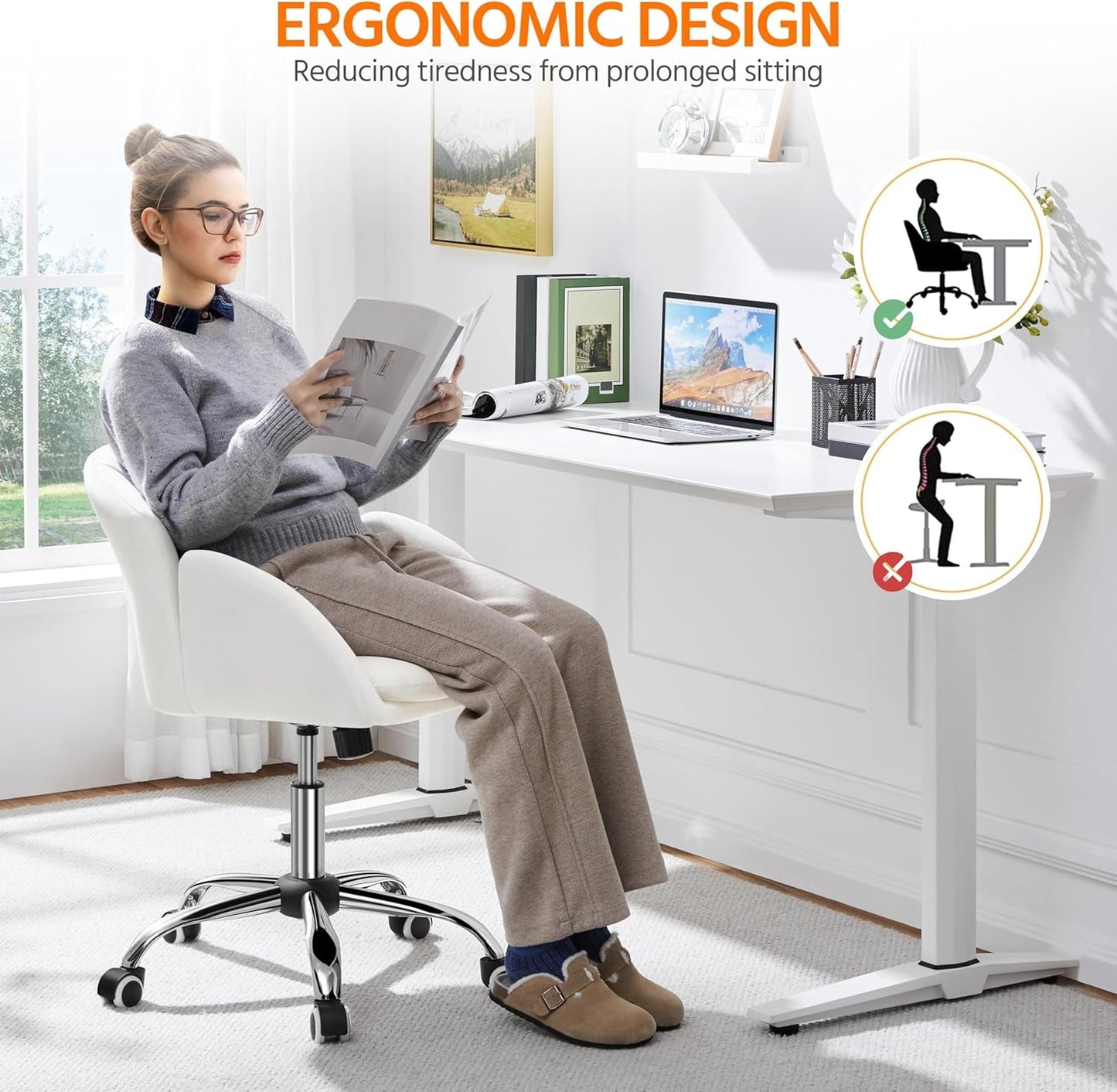 White Petal Desk Chair Faux Leather Swivel Office Chair