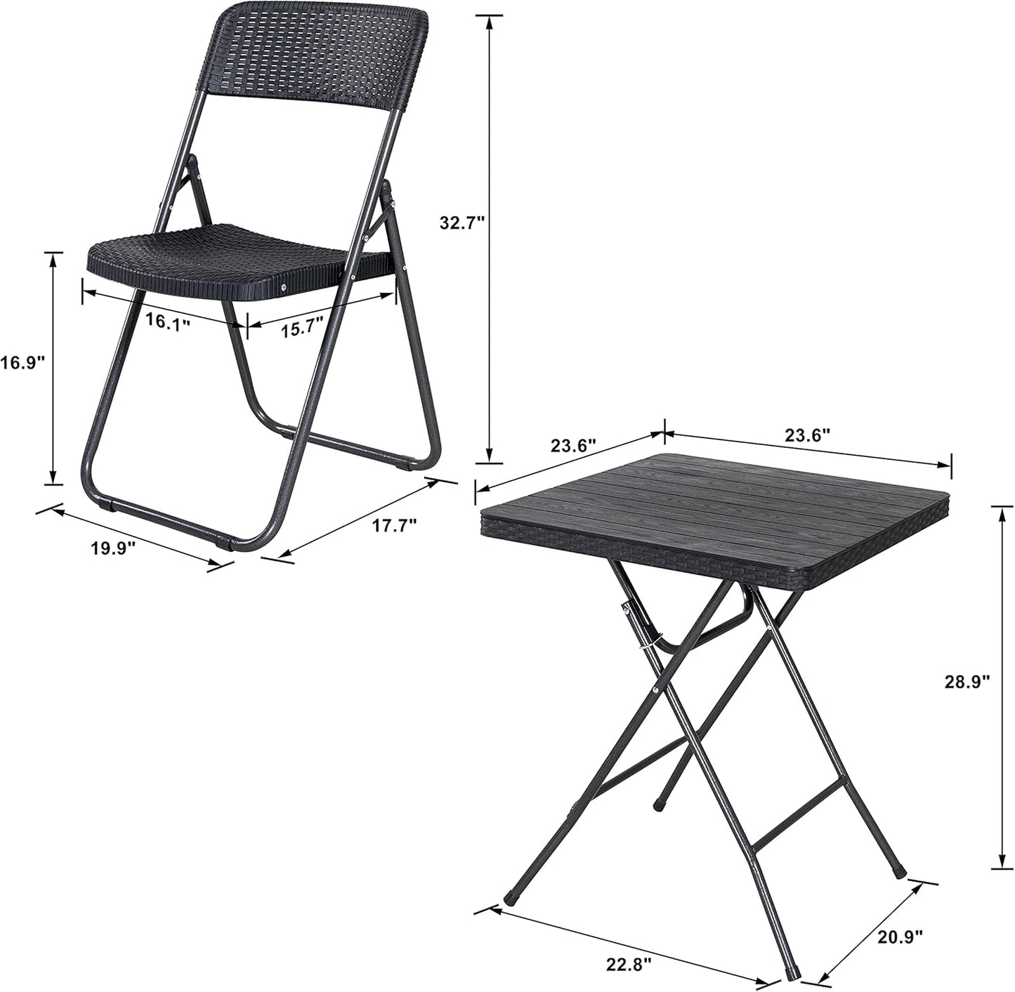 Three Piece Folding Patio Bistro Set All Weather Black For Balcony Porch And Backyard Outdoor Furniture