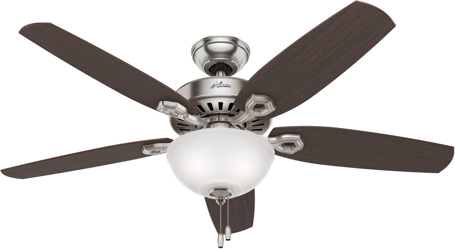Builder Deluxe 52 Inch Brushed Nickel Indoor Ceiling Fan with five blades and toffee glass light shade.