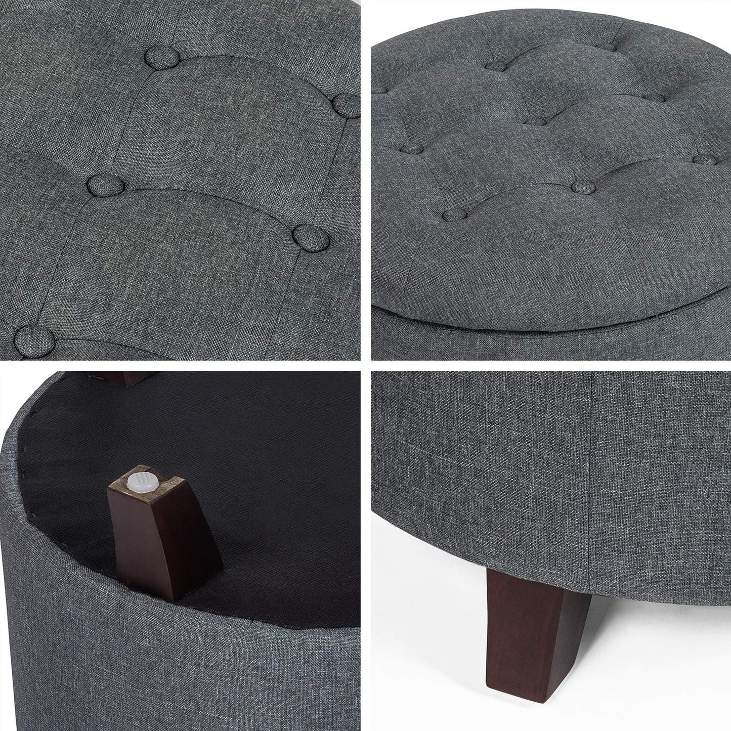 Gray Fabric Round Storage Ottoman With Button Tufting