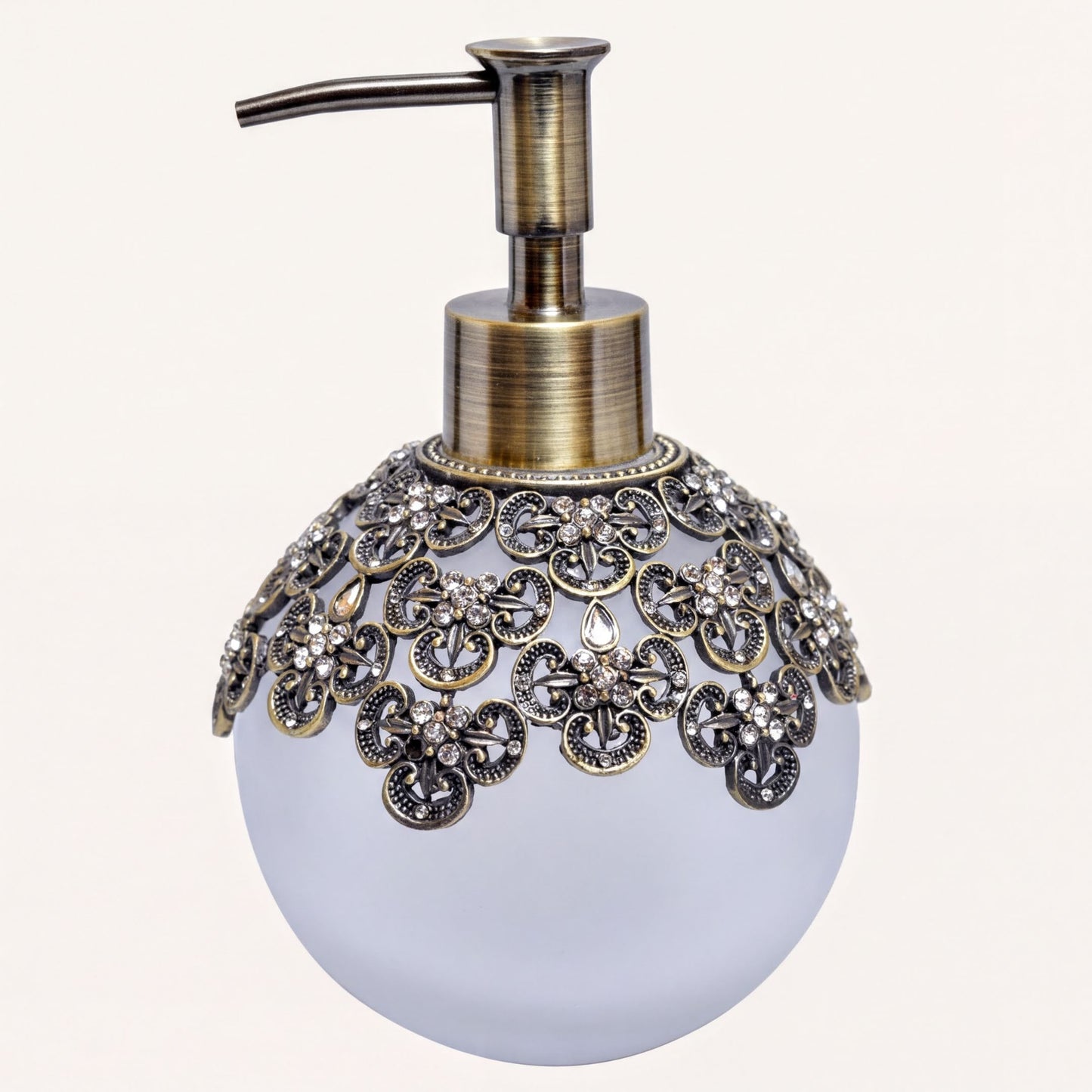 Soap Dispenser – Elegant Frosted Glass, Pewter & Rhinestone Decorative Pump