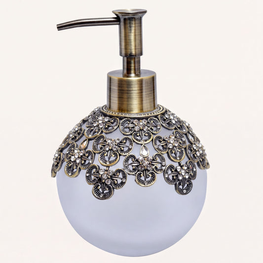 Soap Dispenser – Elegant Frosted Glass, Pewter & Rhinestone Decorative Pump