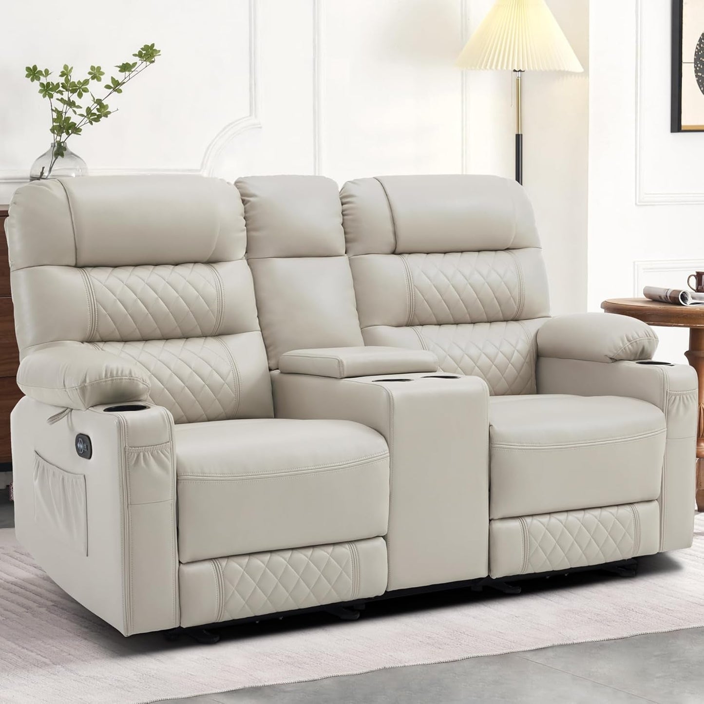 Power Recliner Loveseat With Console And Heat Vibration USB Light Grey