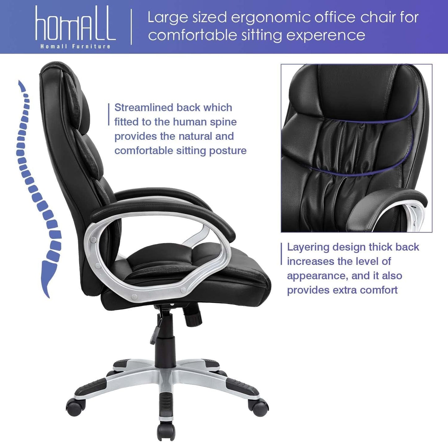 Black PU Leather Office Chair With Adjustable Height And Lumbar Support
