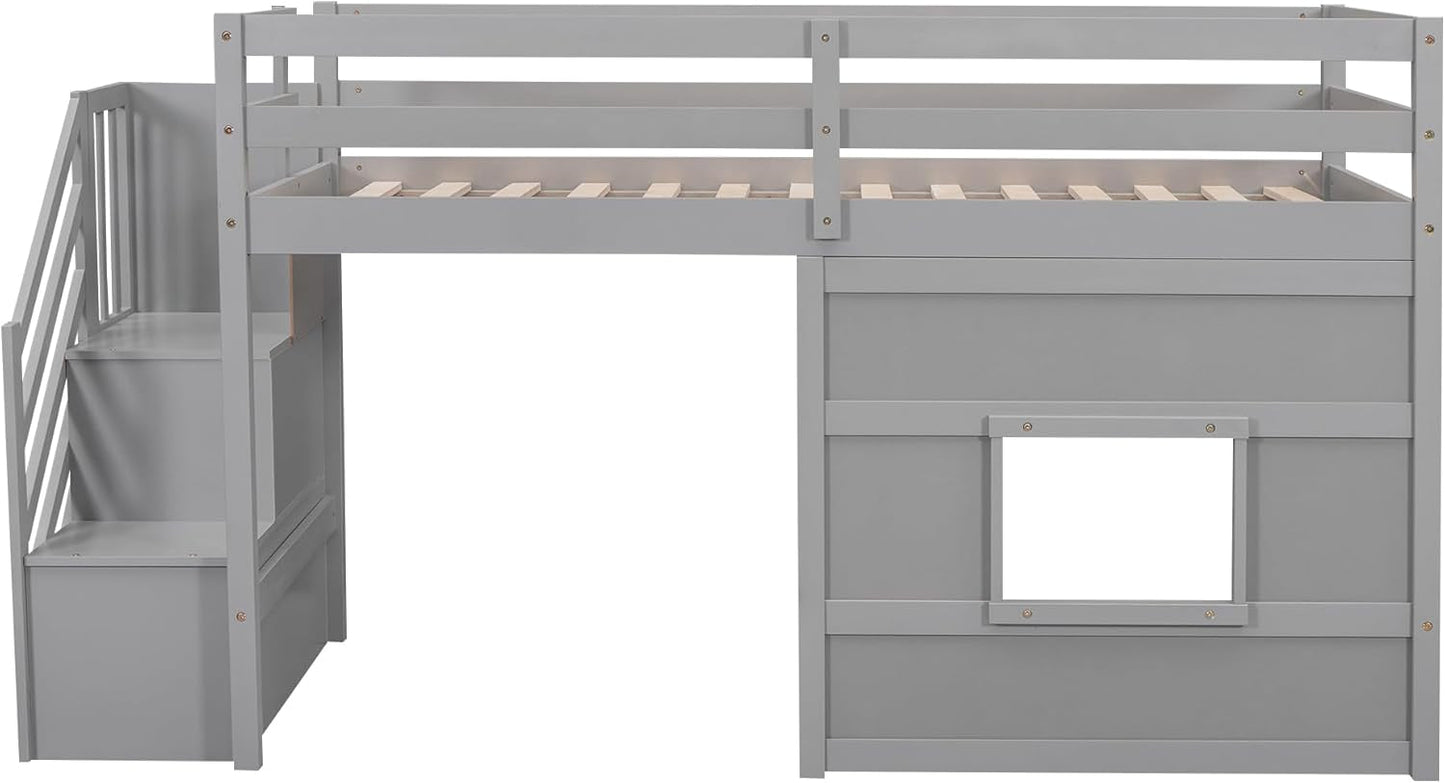 Twin Size Low Loft Bed In Gray With Stairs Storage