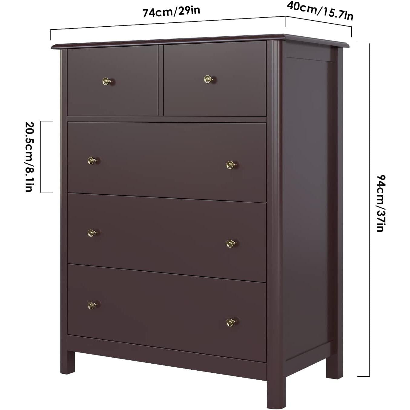 Dark Brown Modern 5 Drawer Chest of Drawers for Bedroom