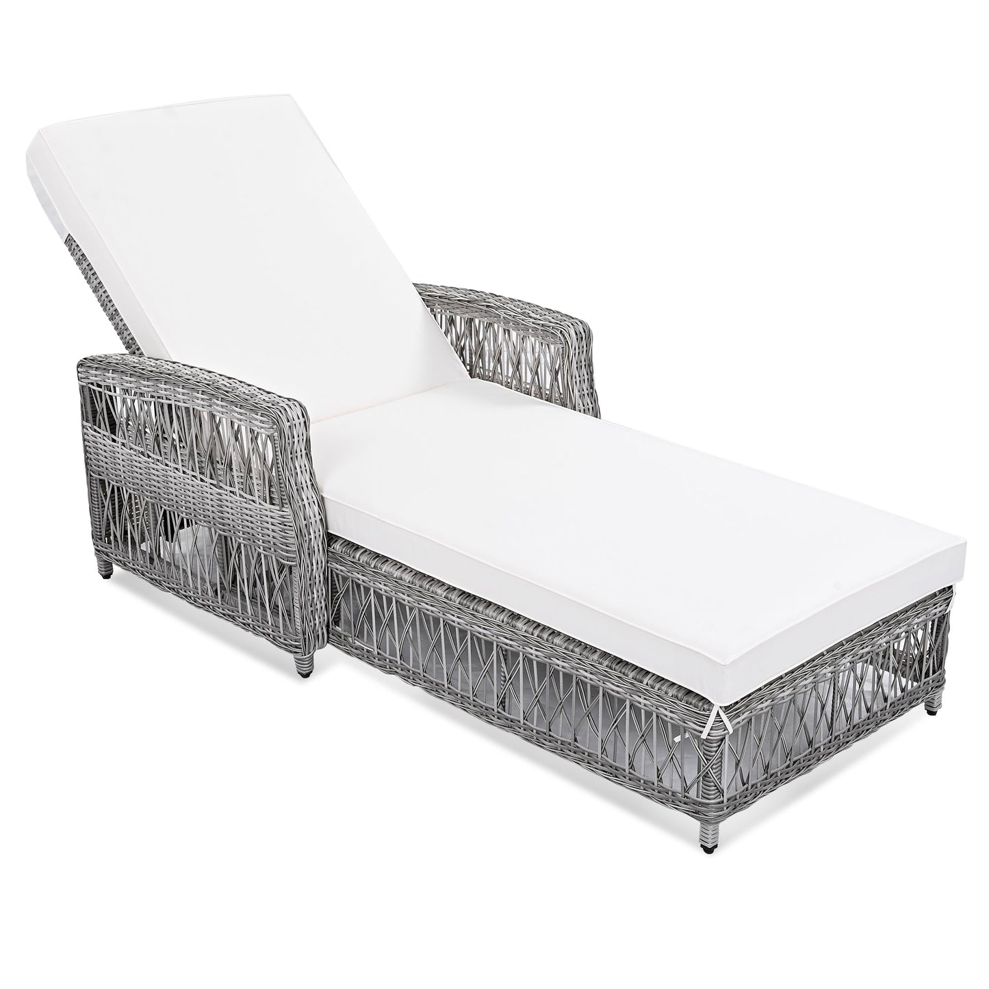 GO 2 Pieces Long Reclining Chaise, Outdoor Wicker Lounge with Armrests, Patio Adjustable Recliner with Soft Removable Cushions, All Weather Rattan Pool Lounge for Poolside & Garden, Beige