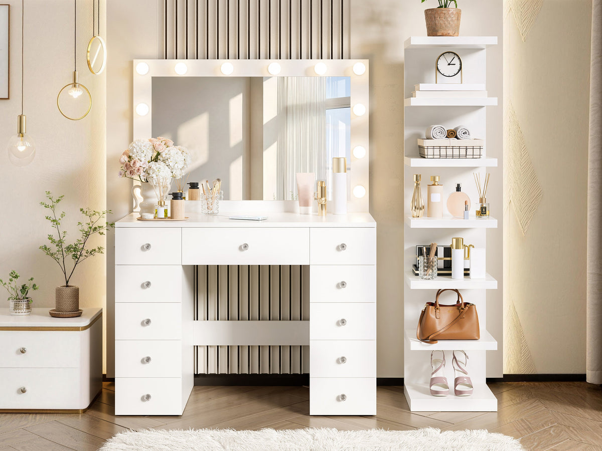 Makeup Vanity Desk with 11 Hollywood Bulbs and 7-Tier Storage Shelves