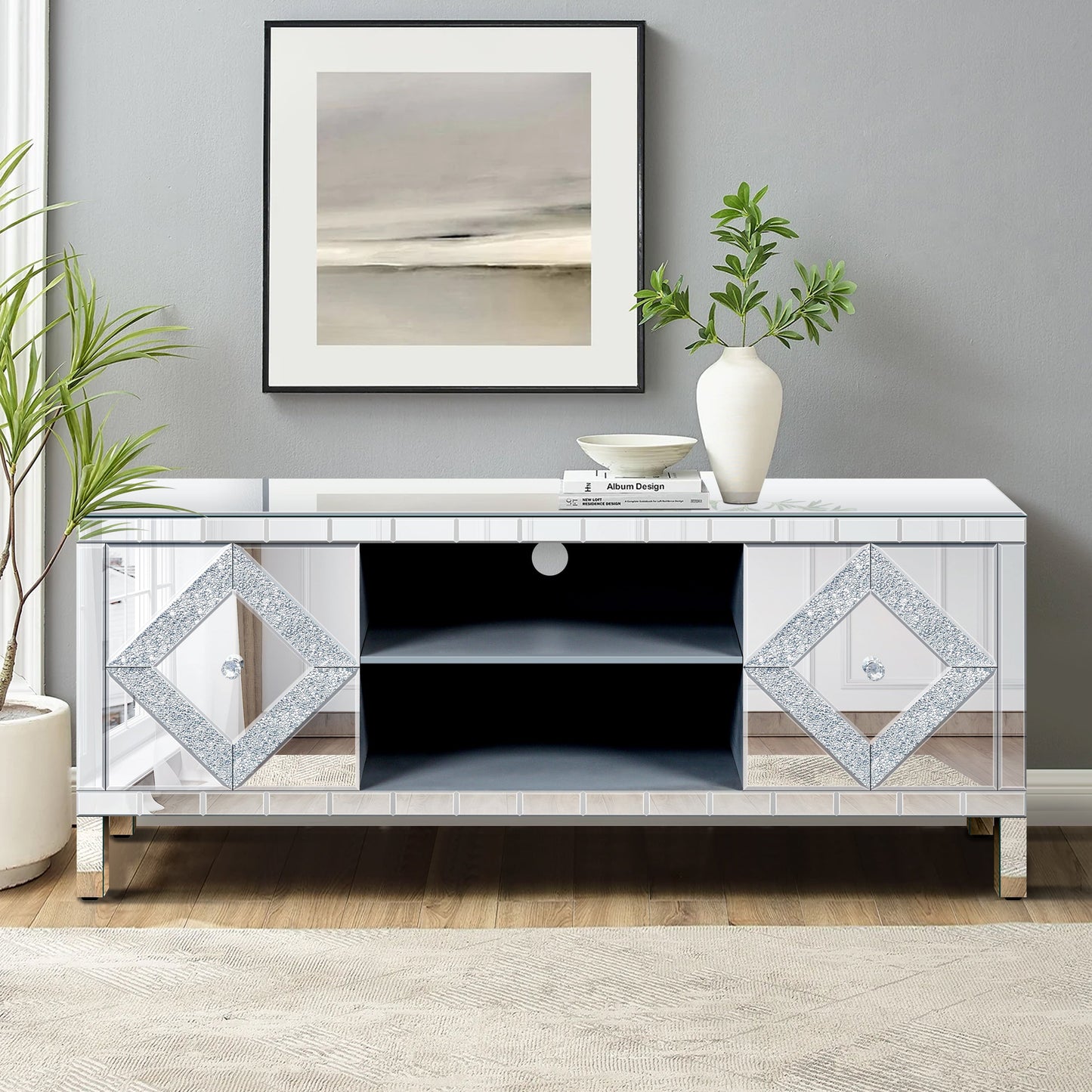 Mirrored TV Stand for 65+ inch TV,Sliver TV Console Table with Open Storage & 2 Storage Cabinets ,Diamond Shape Sparkling Mirror Doors for Living Room(59''W x 25.2''H x 15.7D)