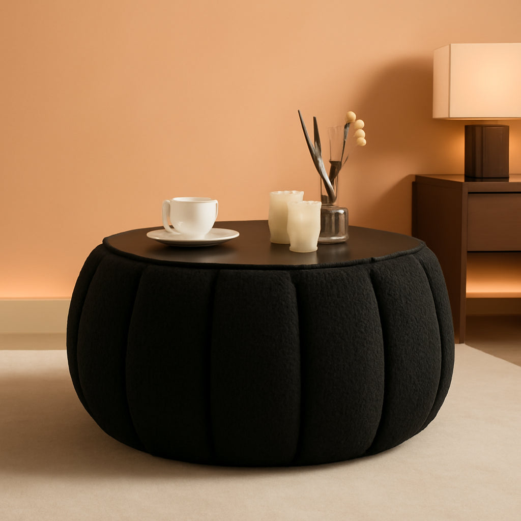 30 Inch Round Profile Teddy Fabric Hidden Storage Ottoman
