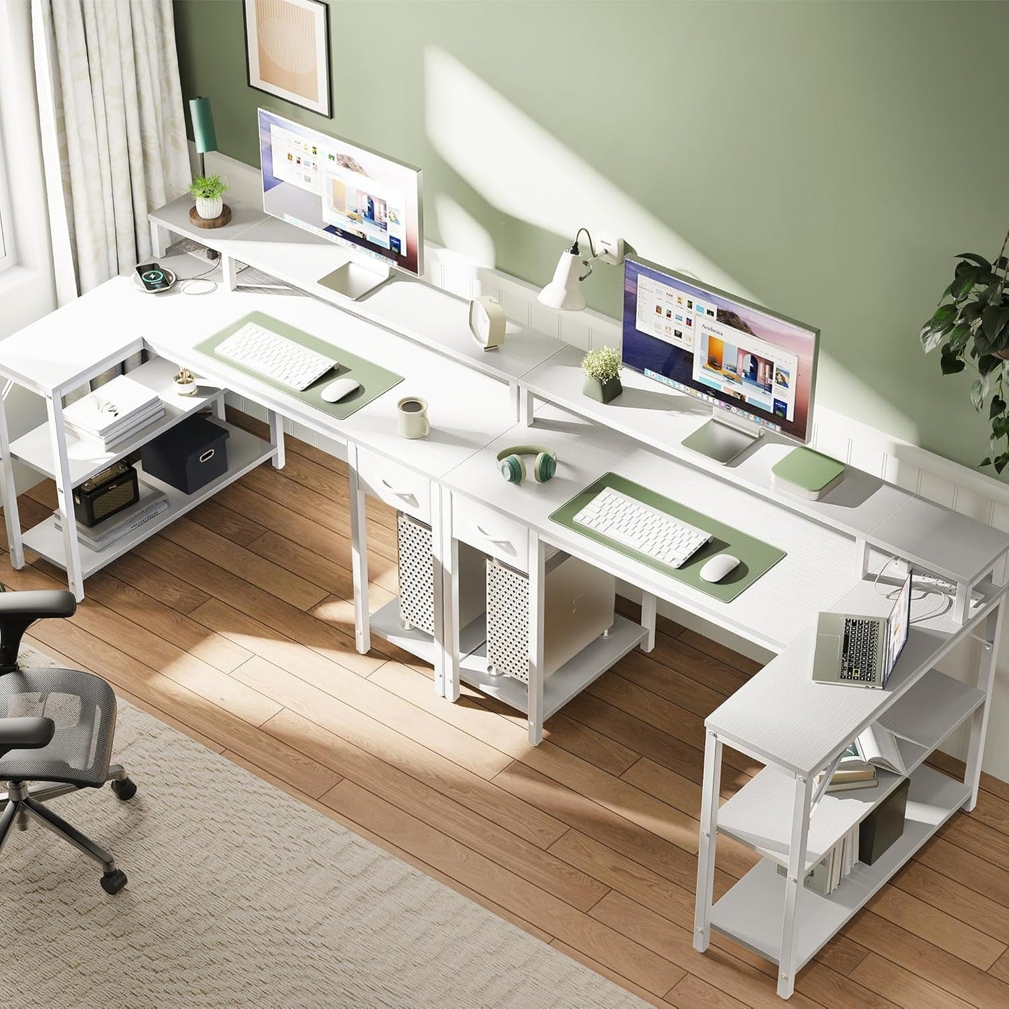 47 Inch White L Shaped Desk With LED Power Drawer Unit