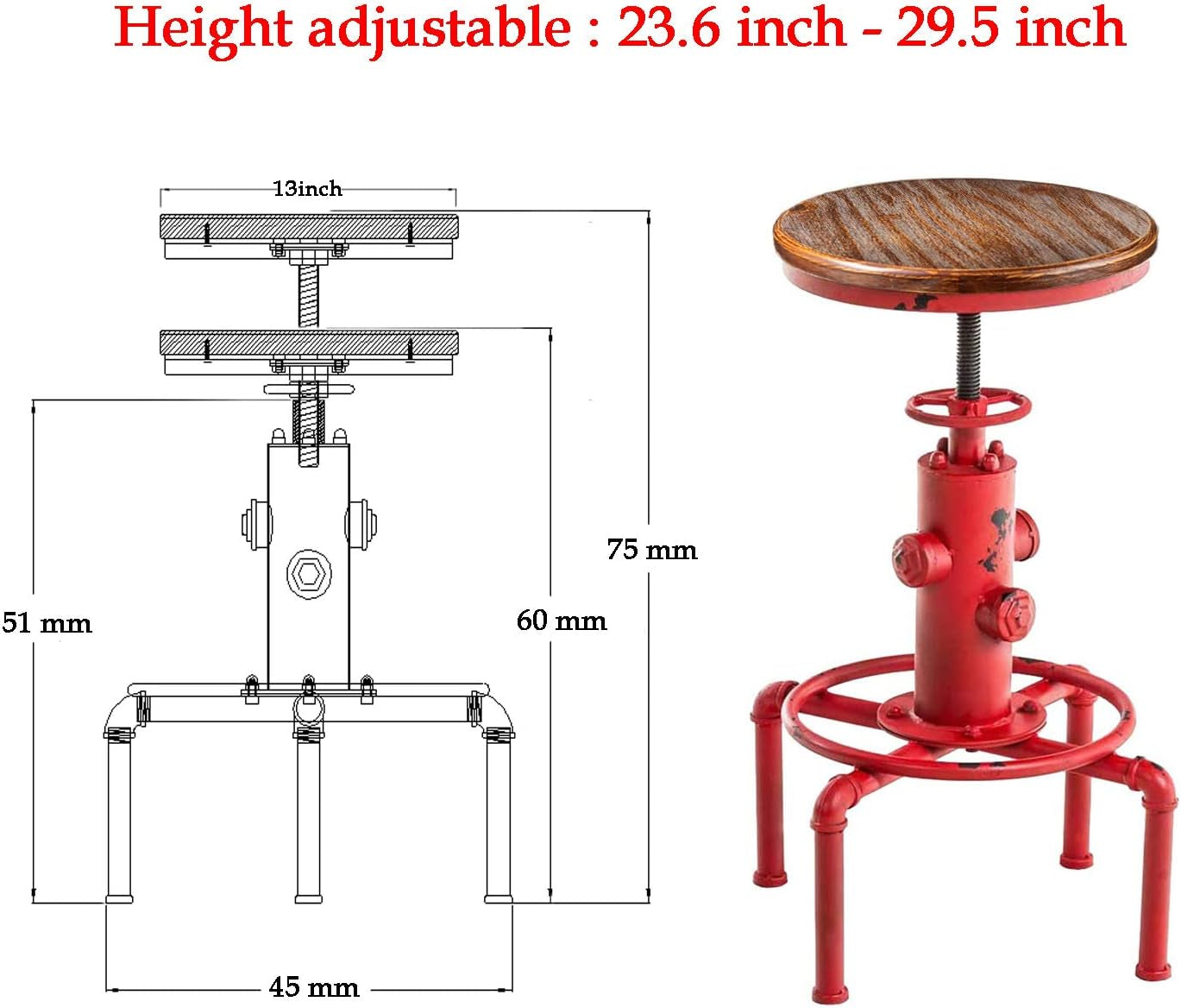 Antique Industrial Barstools Set With Adjustable Wooden Seats