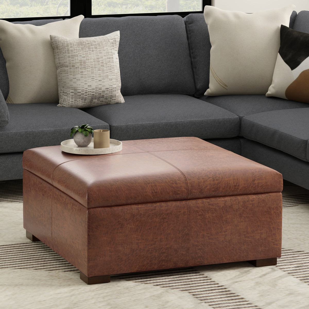 Gabbie 36 Inch Wide Square Coffee Table Storage Ottoman in Distressed Saddle