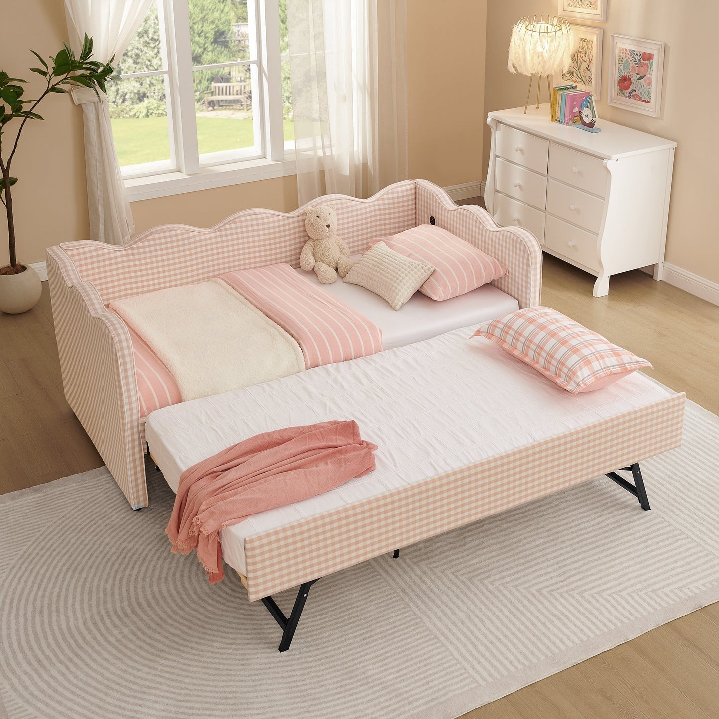 Cozy Gingham Daybed with Trundle Twin Size Sofa Bed