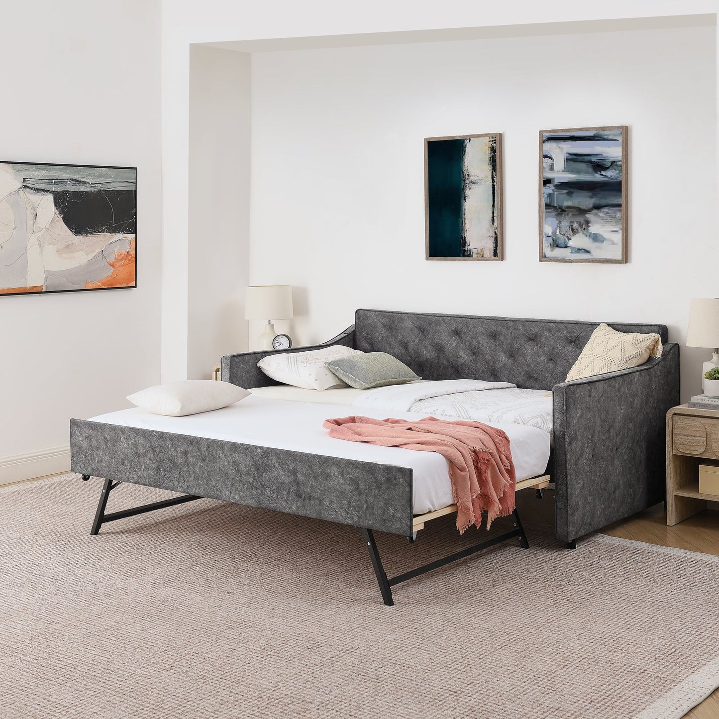 Twin Size Upholstery Daybed with Pop-up Trundle & USB Charging