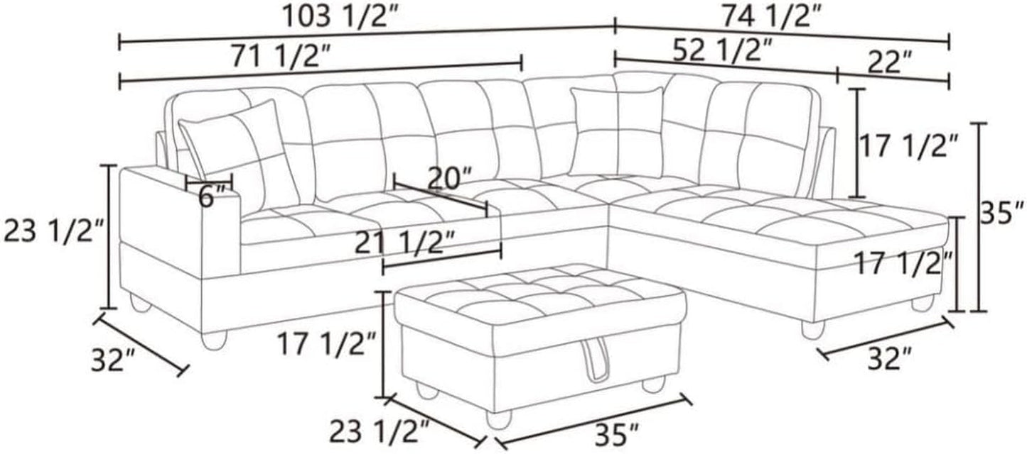 L Shaped 3 Piece Flannel Sofa With Storage Ottoman Grey