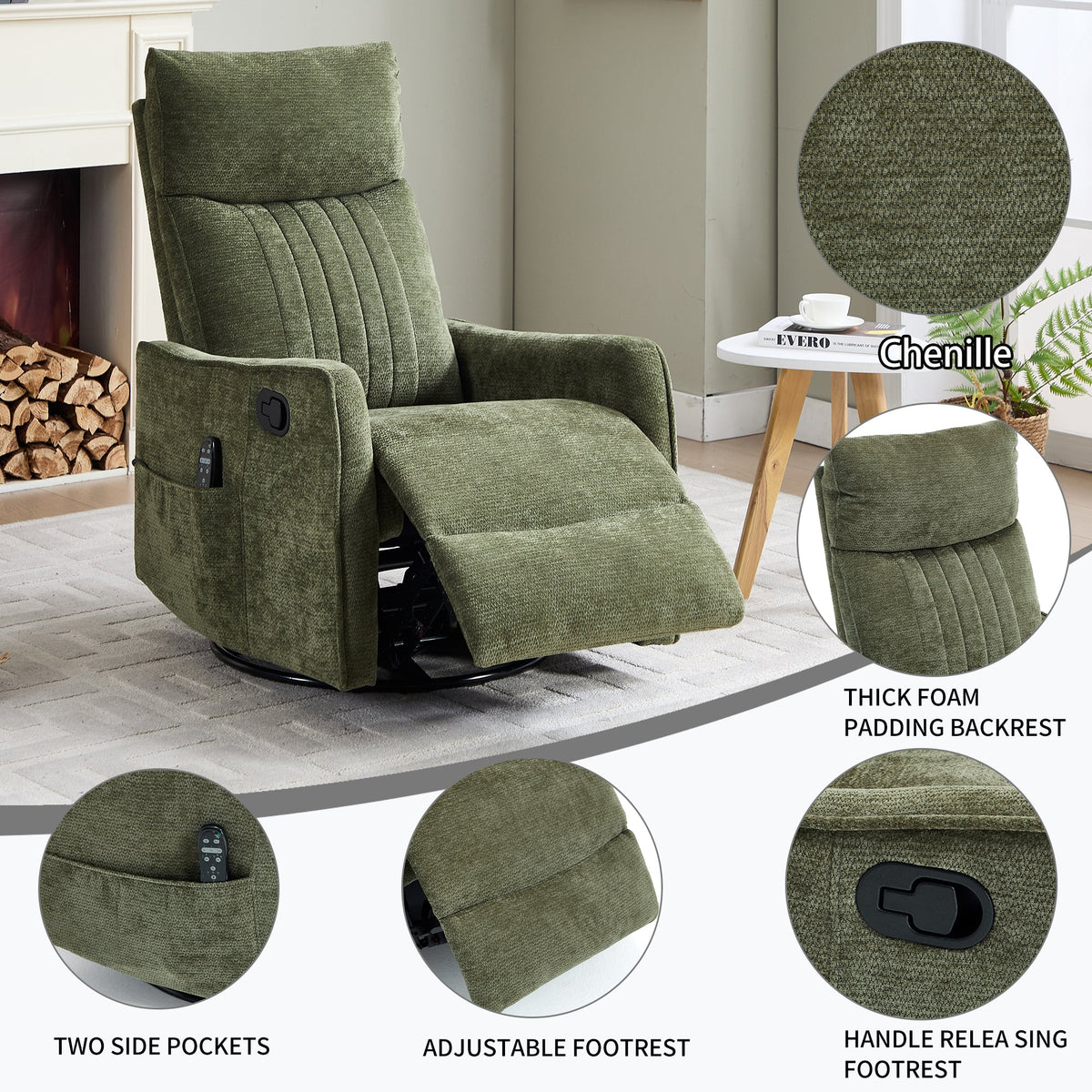Green Heat Massage Manual Recliner Chair with Rocker and Swivel in Fabric for Living Room