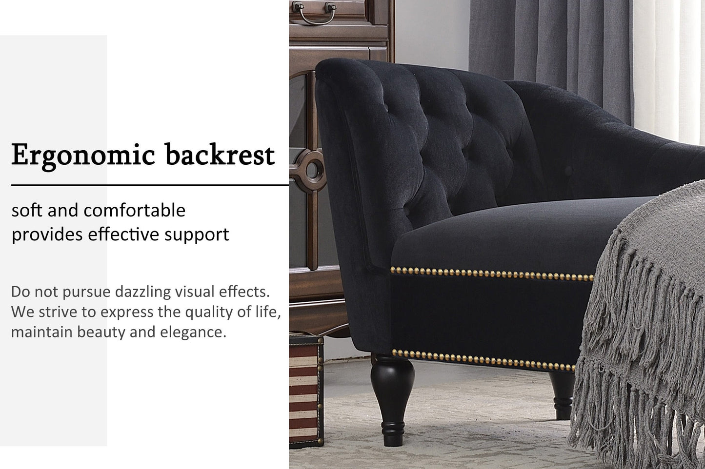 58" Velvet Chaise Lounge with Nailhead Trim and Solid Wood Legs