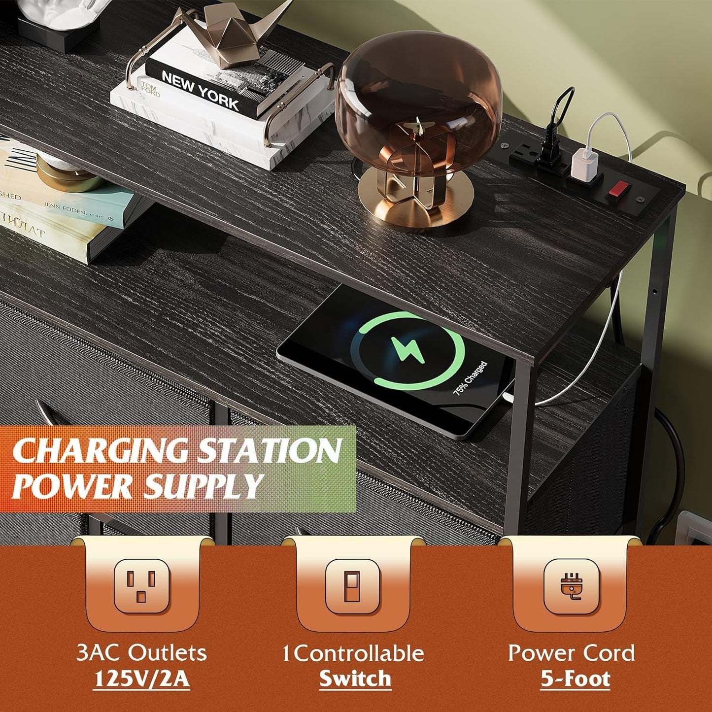 Dresser TV Stand Black With Built In Charging Station