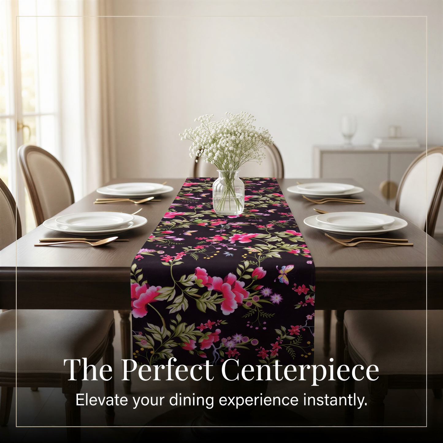 Printed Table Runner - Saku Black Floral Decorative Indoor Outdoor Runner