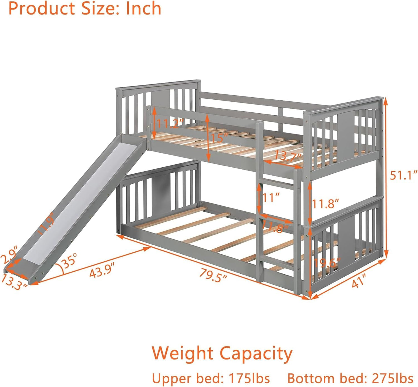 Twin Over Twin Bunk Bed With Slide In Gray For Kids