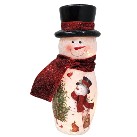 Lighted Glass Vase - Delightful Snowman  -9 Inches tall