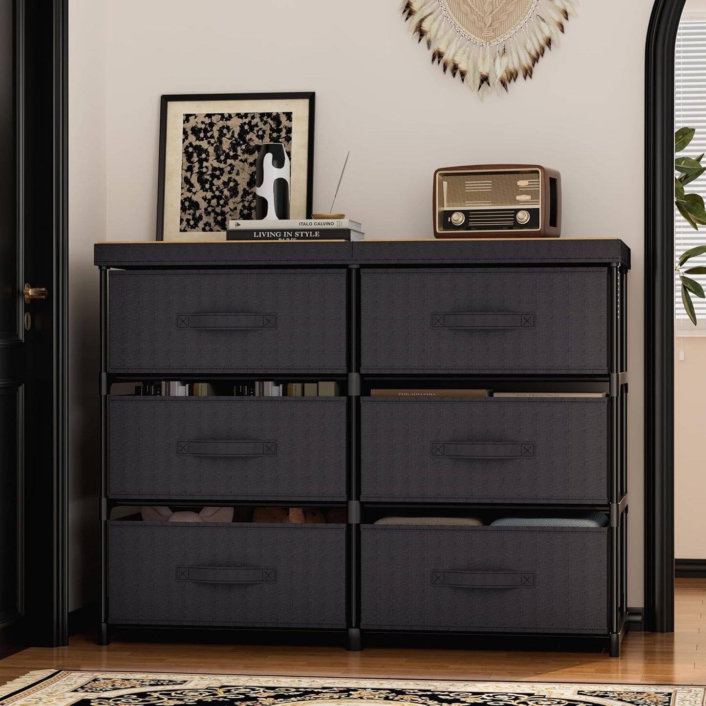 Fabric Dresser With Six Drawers Metal Frame And Wooden Top