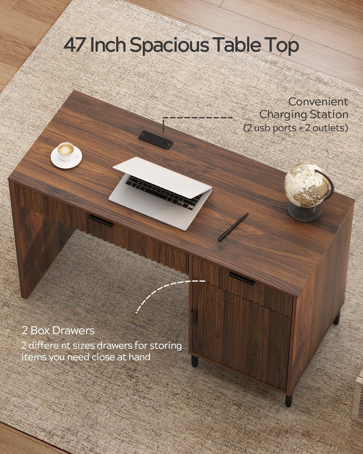 Brown 47 Inch Fluted Executive Desk Charging Station