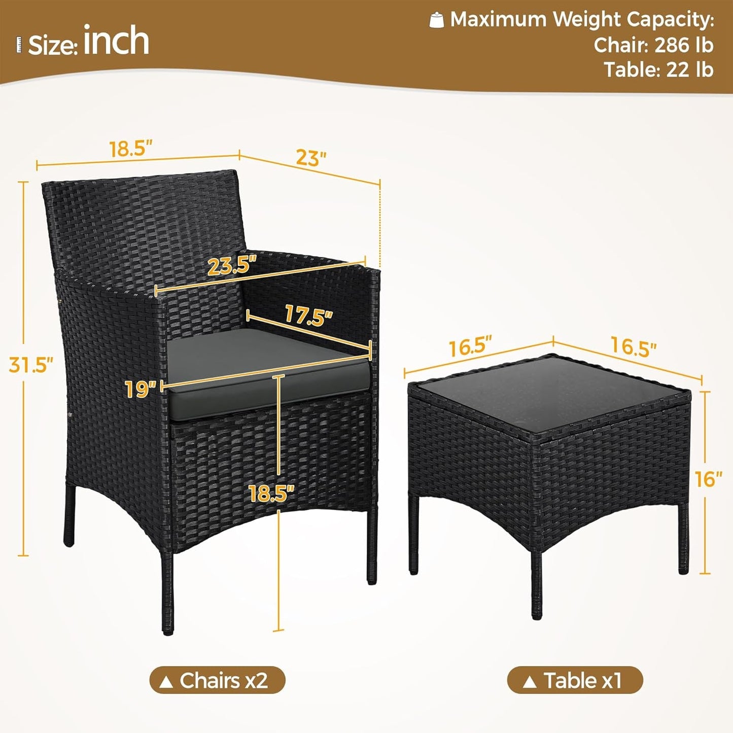 3 Piece Outdoor PE Rattan Wicker Patio Furniture Set With Soft Cushions And Glass Coffee Table