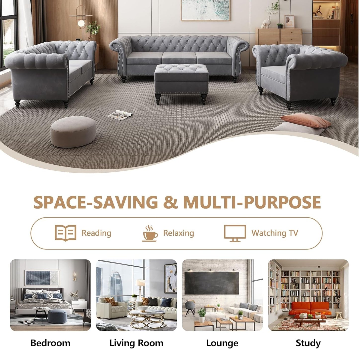 3 Piece Velvet Living Room Set Sectional Chesterfield Sofa Upholstered Loveseat And Chair