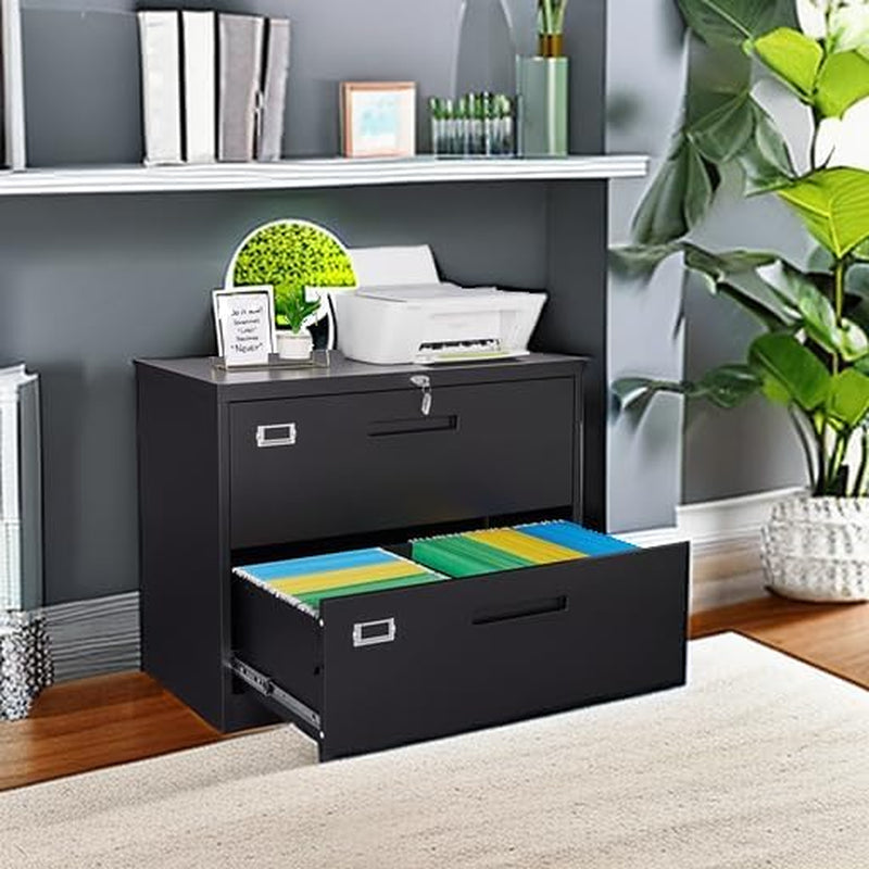 Metal Lateral File Cabinet With Lock 2 Drawer Black Steel