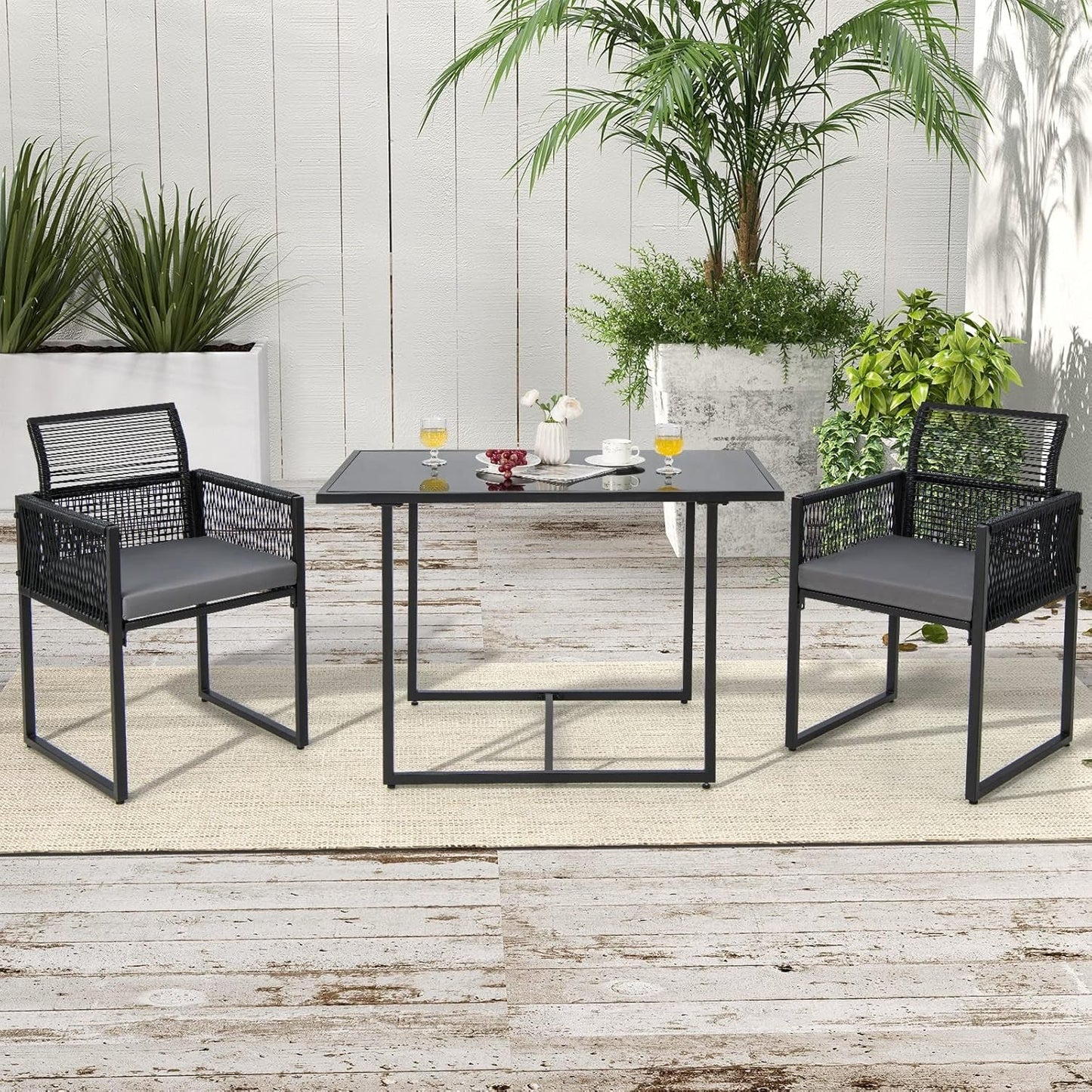 3 Piece Outdoor Dining Set With Folding Backrests And Tempered Glass Tabletop For Patio And Poolside
