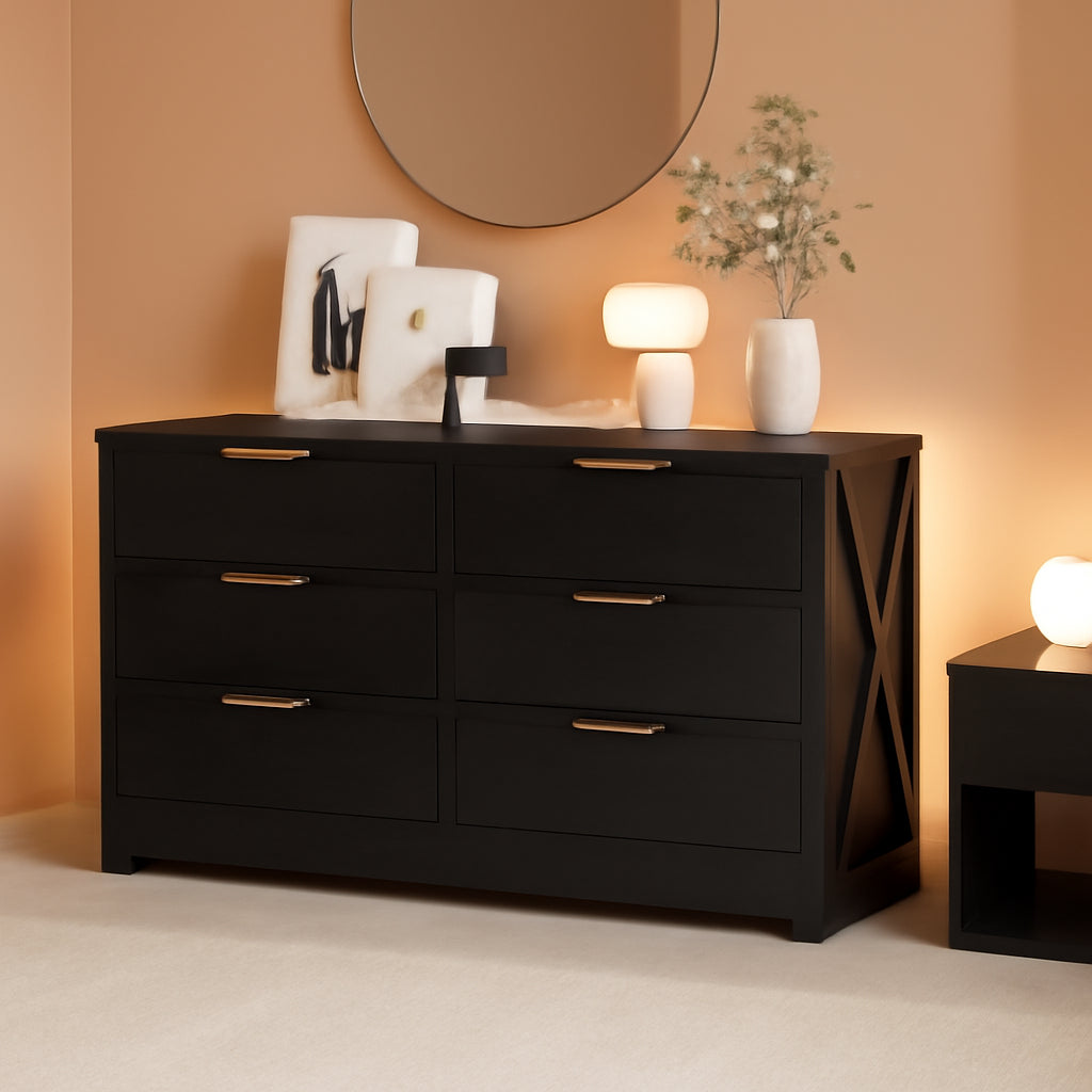 Contemporary Black 6 Drawer Dresser With SoftClosing