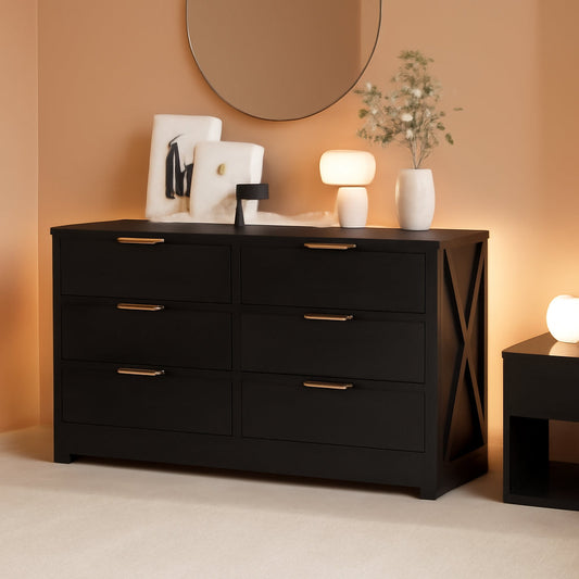 Contemporary Black 6 Drawer Dresser With SoftClosing