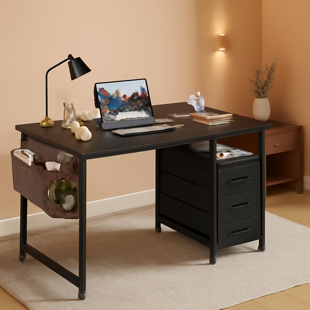 32-Inch Computer Desk With Fabric Drawers And Charging Station Black