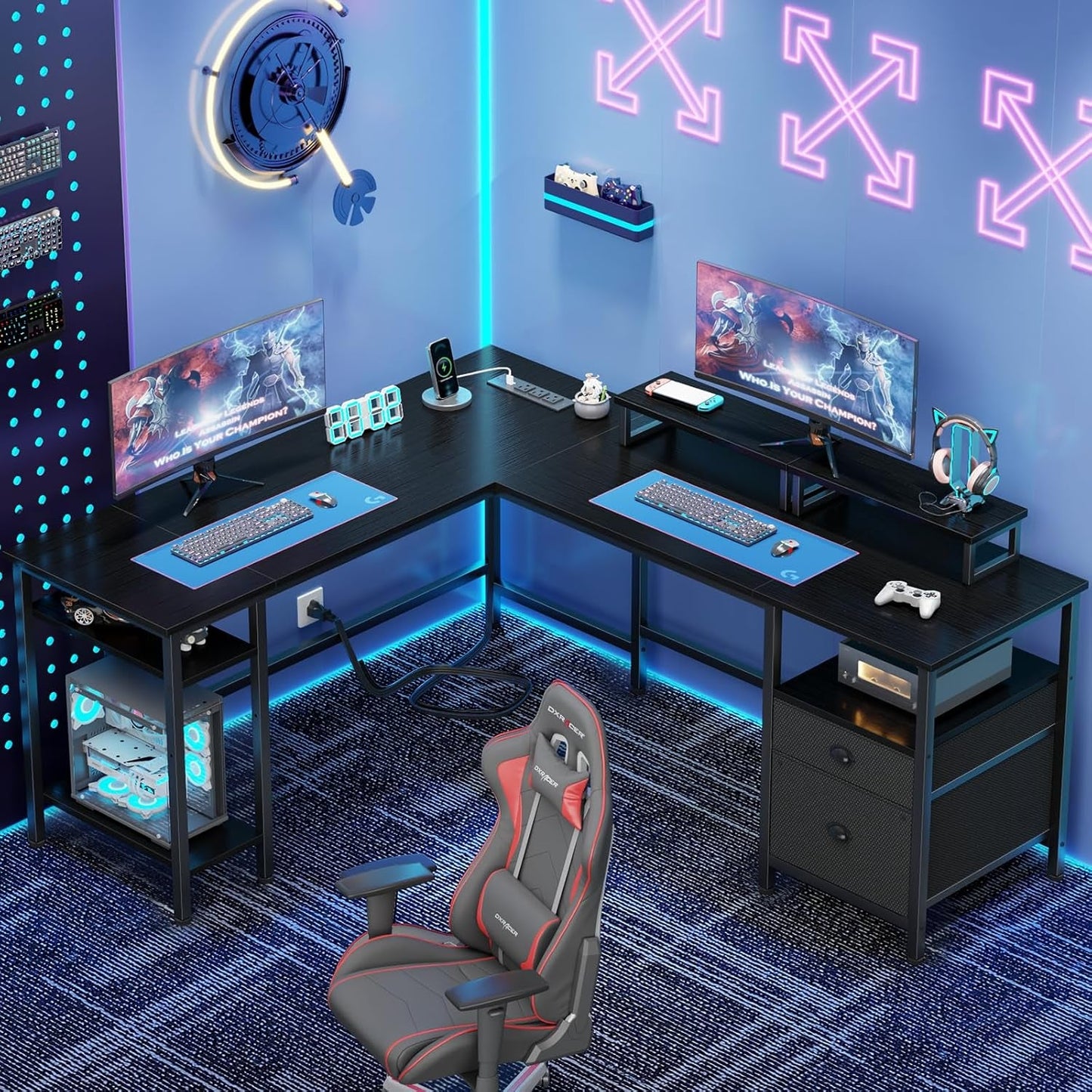 Fifty Nine Inch L Shaped Desk With Black Storage Drawers Unit